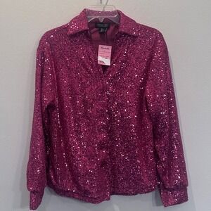 NWT Rachel Zoe Sequin Sparkling Button Down Shirt Pink Long Sleeve Women S Bling